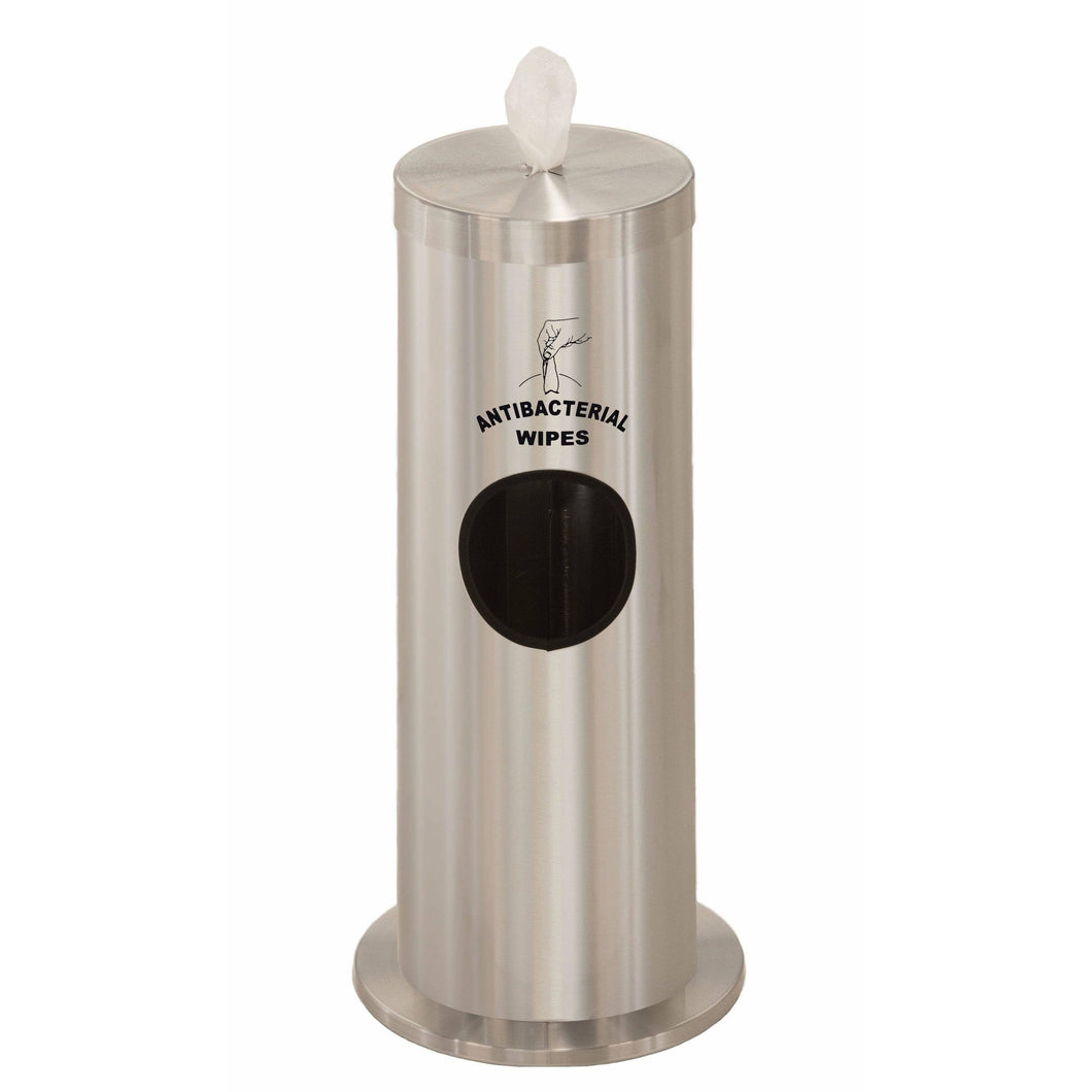 Glaro Satin Aluminum Silkscreened Disinfecting Wipe Dispenser With 2 Gallon Waste Receptacle - F1029-S-SA-AW1 - Trash Cans Depot